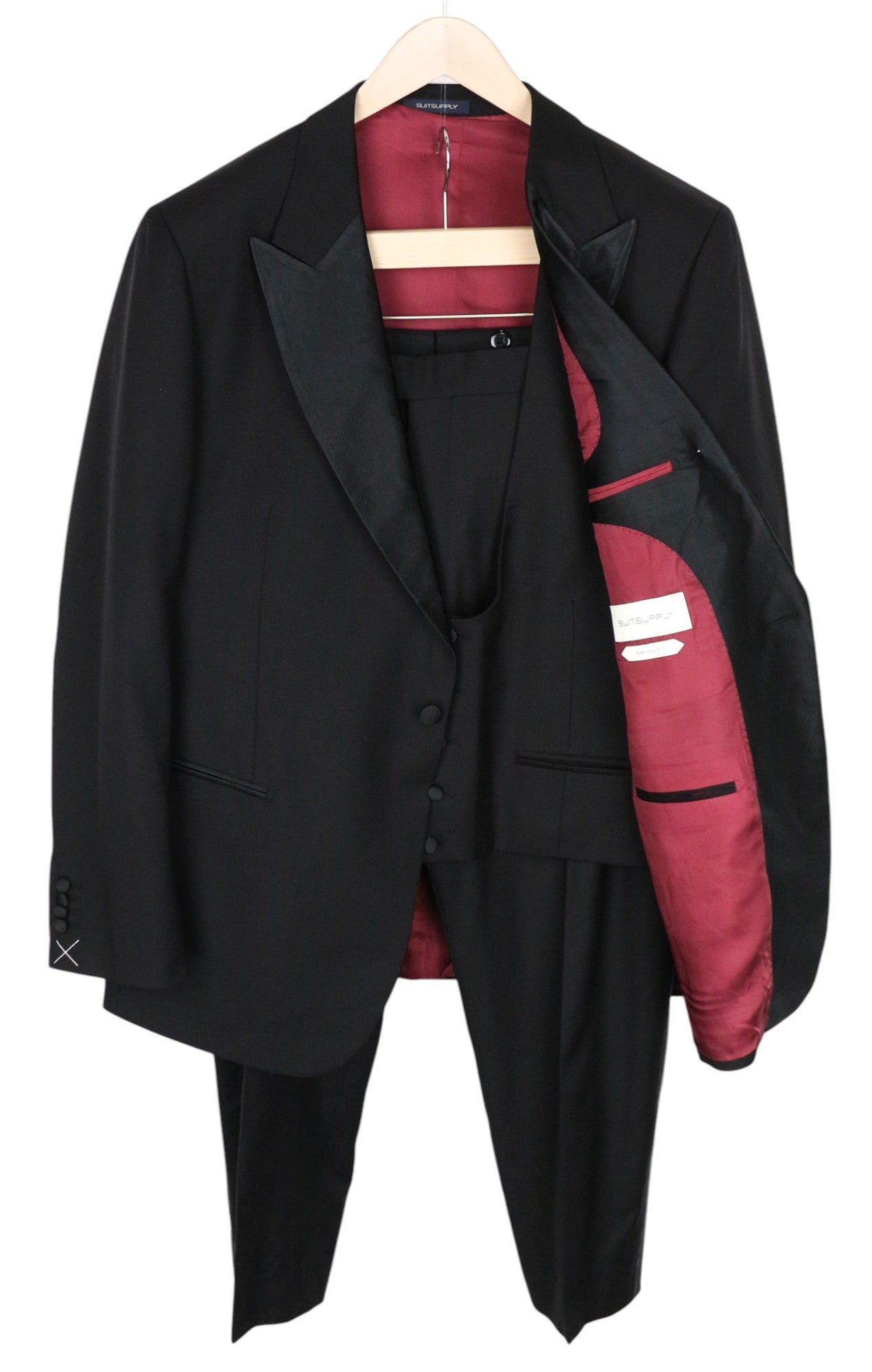 SUITSUPPLY Lazio Tuxedo Men's Suit UK46R Black Velvet Wool S110 Slim 3 Pc