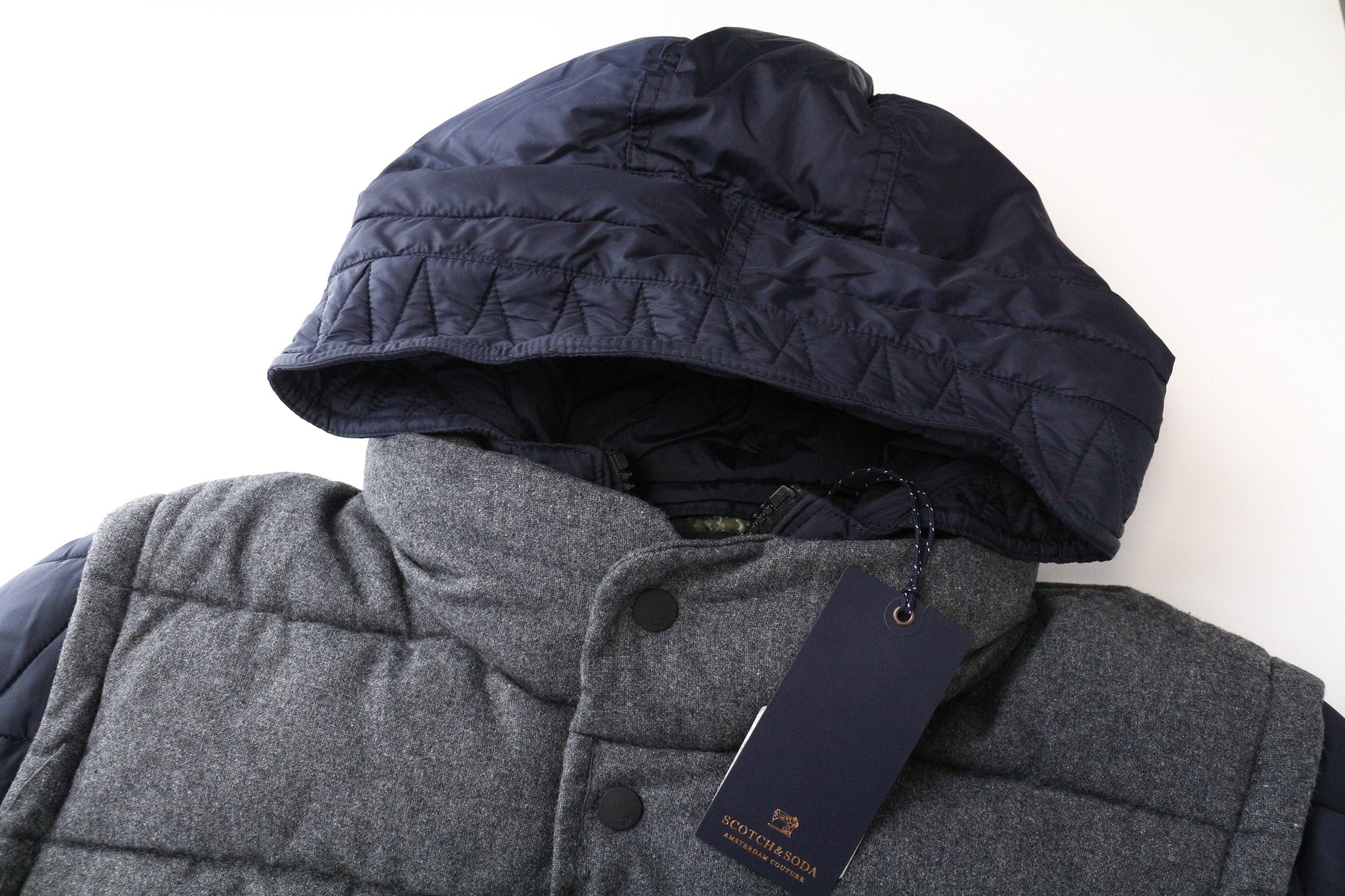 SCOTCH &amp; SODA Ams Couture vyriška striukė XL dydžio pilkai mėlyna vilnos mišinio liemenė su gobtuvu 2in1 