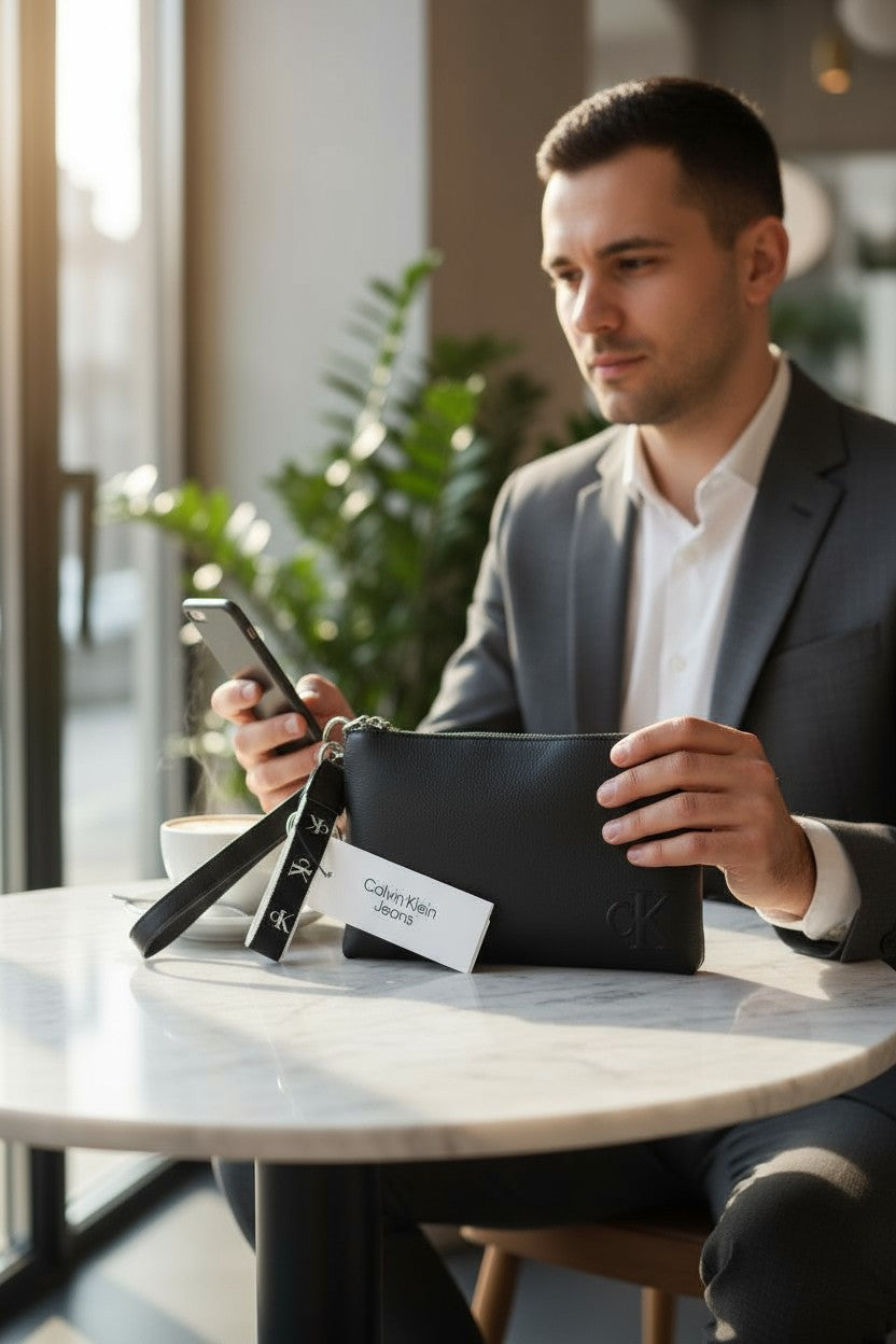 CALVIN KLEIN Make-Up + D-Ring Keyfob vyriška rankinė su juoda ir dengta logotipu, unisex RRP89 