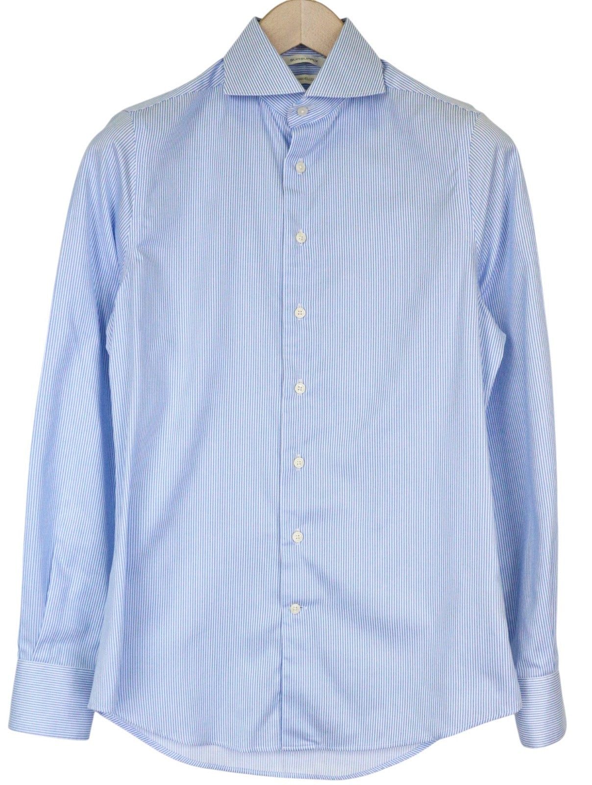 „SUITSUPPLY Traveller“ vyriški formalūs marškinėliai, 36/14, ypač ploni, mėlyni, dryžuoti medvilniniai marškiniai 