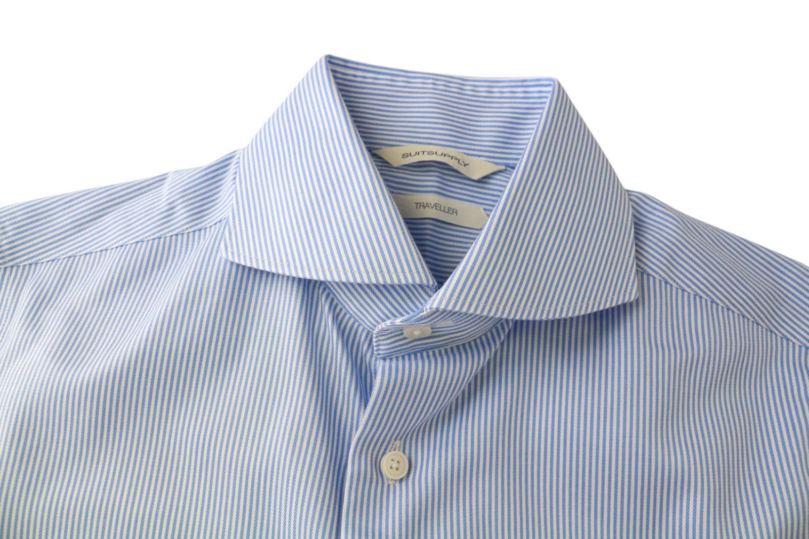 „SUITSUPPLY Traveller“ vyriški formalūs marškinėliai, 36/14, ypač ploni, mėlyni, dryžuoti medvilniniai marškiniai 