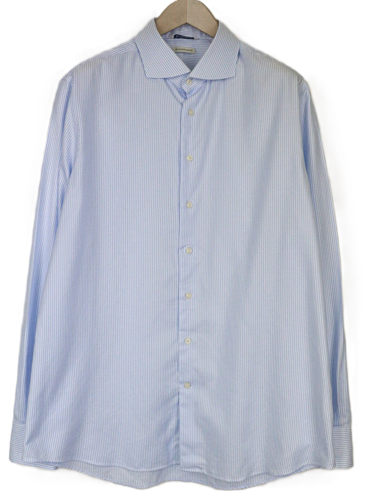 SUITSUPPLY vyriški formalūs marškinėliai 46/18 ypač ploni mėlyni grynos medvilnės dryžuoti iškirpte 