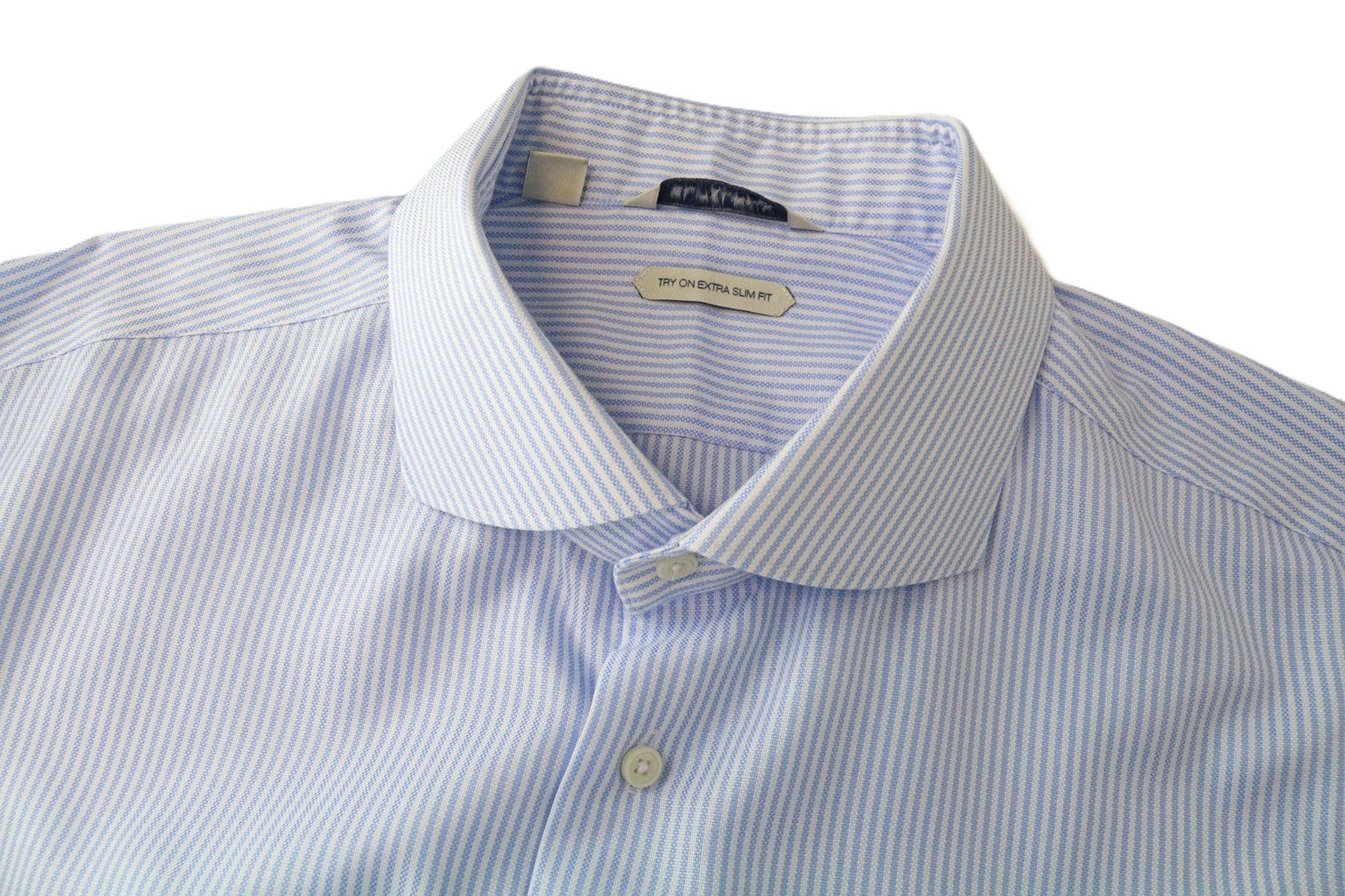 SUITSUPPLY vyriški formalūs marškinėliai 46/18 ypač ploni mėlyni grynos medvilnės dryžuoti iškirpte 