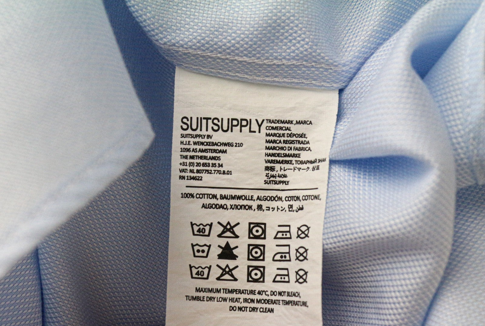 SUITSUPPLY Men's Formal Shirt 37/14 1/2 Slim Blue Pure Cotton Cutaway Twill