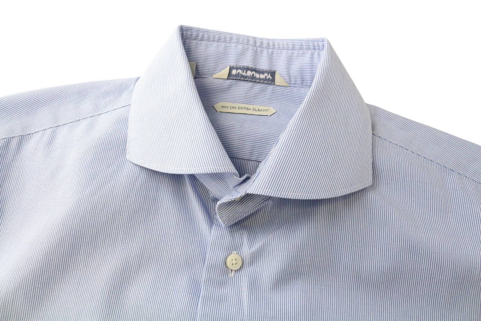 SUITSUPPLY Men's Formal Shirt 40/15 3/4 Extra Slim Blue Cotton Striped Classic