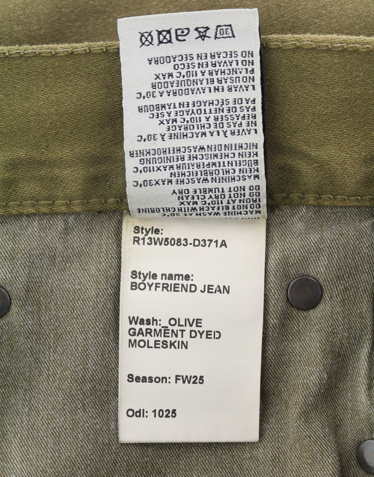 R13 Boyfriend moteriški džinsai, 30 alyvuogių spalvos, dažyta moleskine, trumpinti, išblukę, FW25 