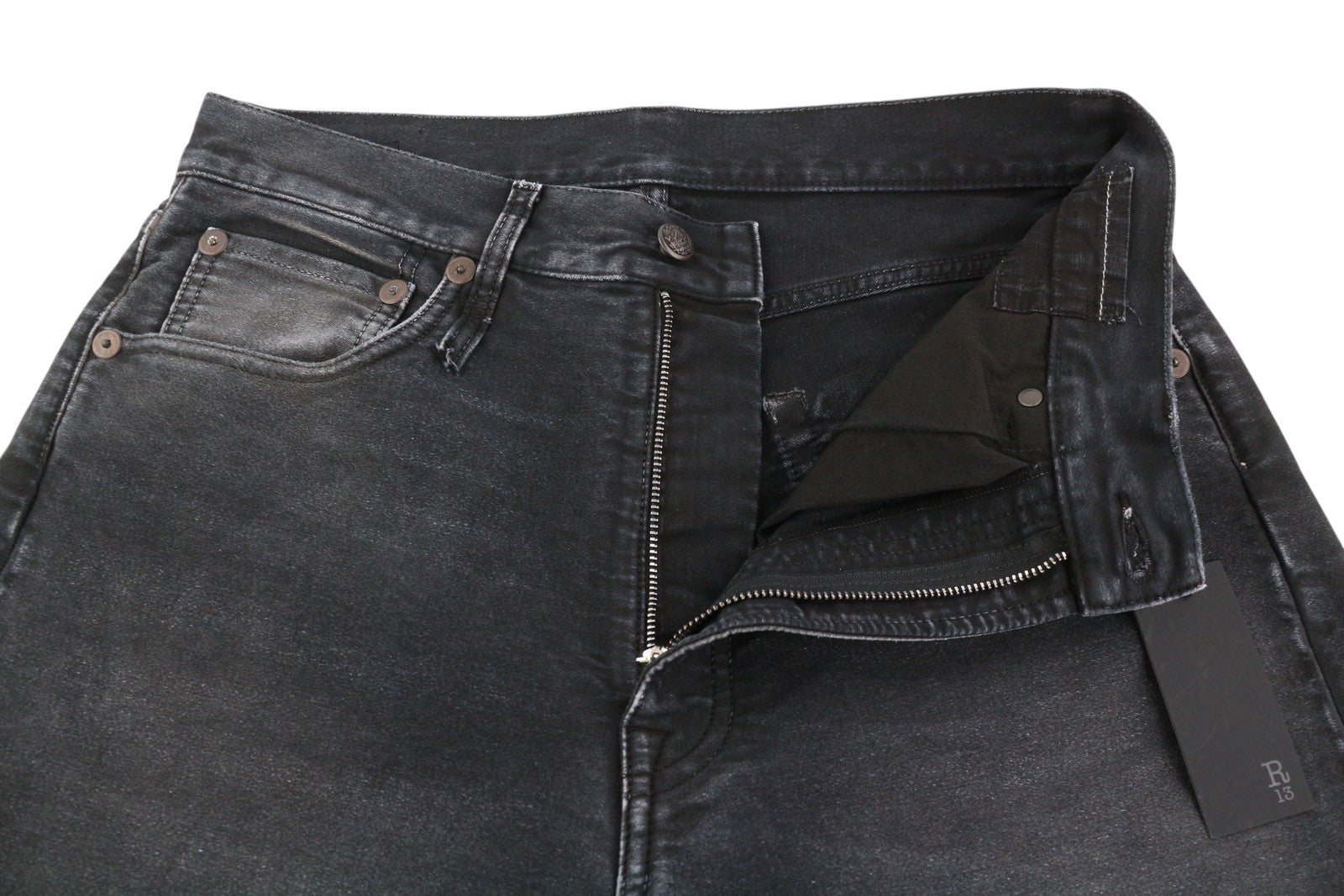 R13 X-BF moteriški džinsai 26 juodi dažyti moleskino trumpinti užtrauktuku FW25 