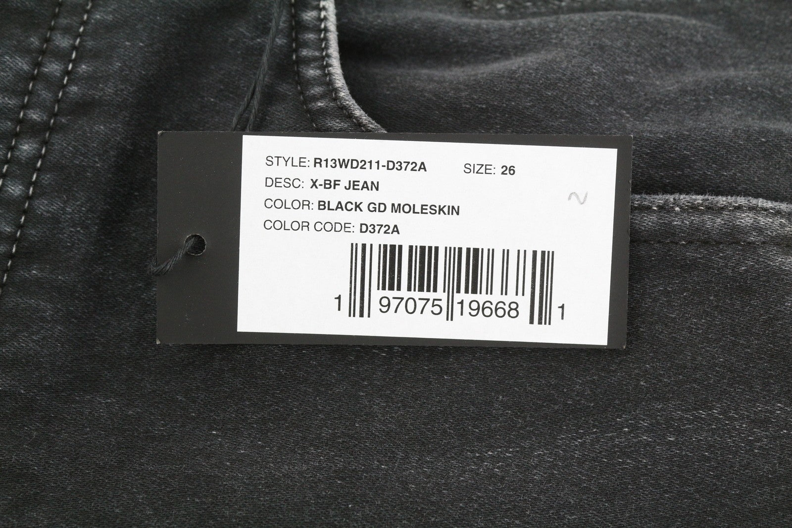 R13 X-BF moteriški džinsai 26 juodi dažyti moleskino trumpinti užtrauktuku FW25 