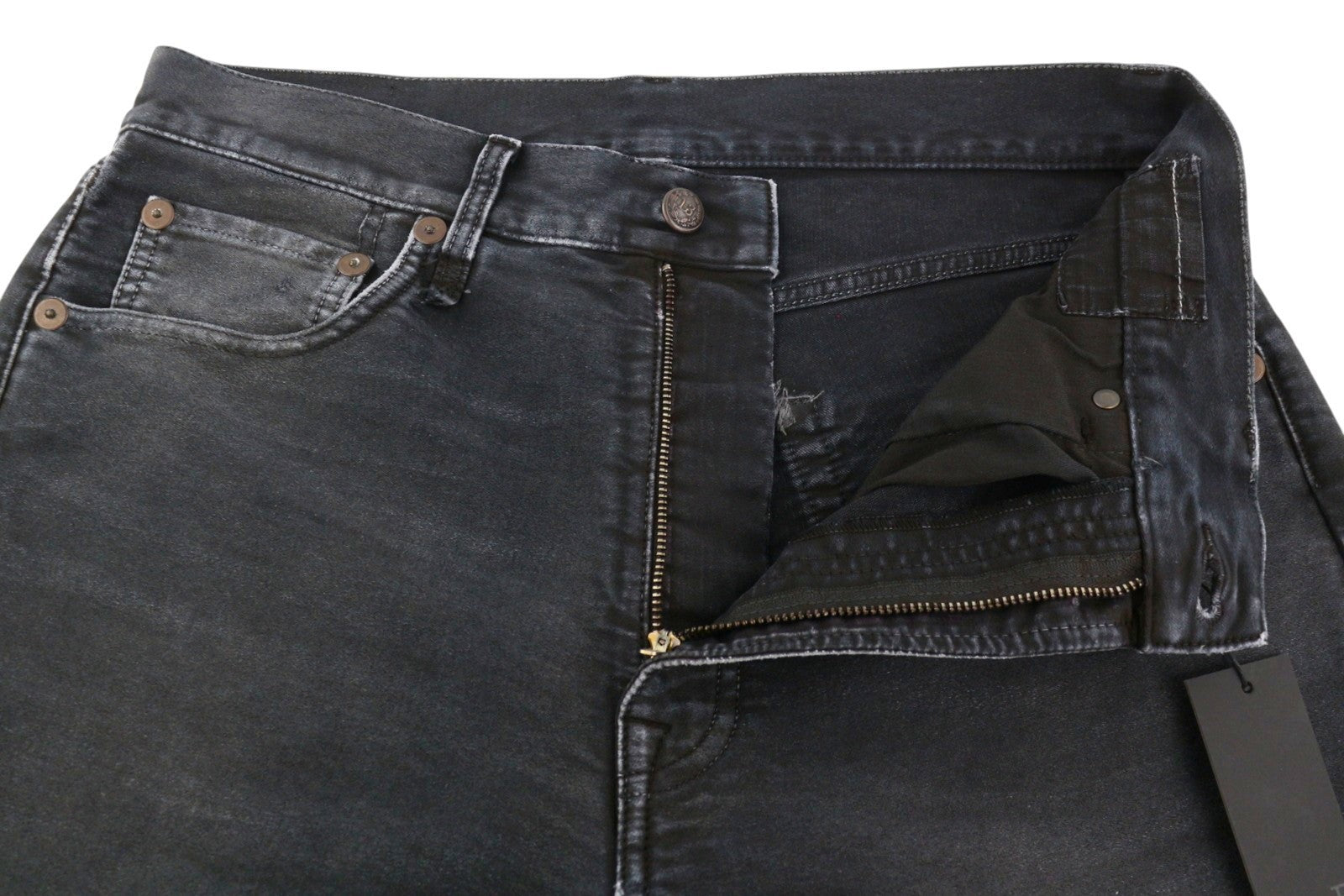 R13 X-BF moteriški džinsai 27 juodi dažyti moleskino trumpinti džinsai su užtrauktuku FW25 