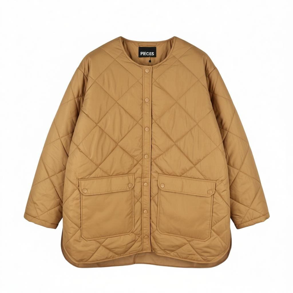 PIECES Key Light Padded Women Jacket XL Brown Quilted Padded Snap Buttons