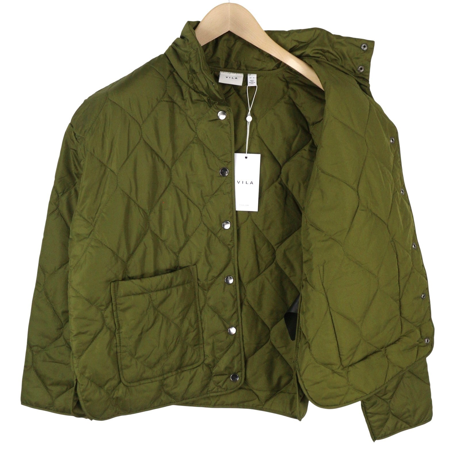 VILA Butta Collar Women Jacket EU38 Green Oversize Padded Quilted Lightweight