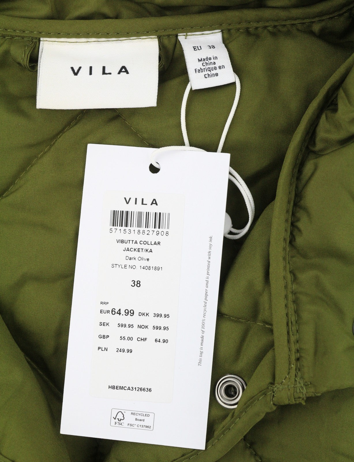 VILA Butta Collar Women Jacket EU38 Green Oversize Padded Quilted Lightweight