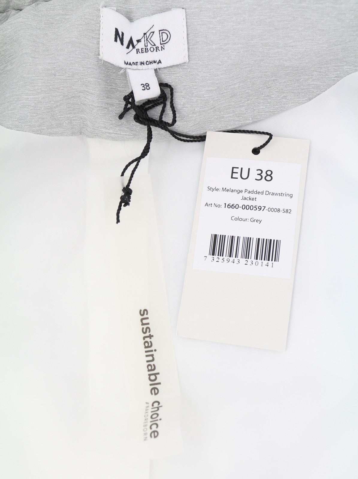 NA-KD Melange Padded Drawstring Women Jacket EU38 Grey Spread Padded Full Zip