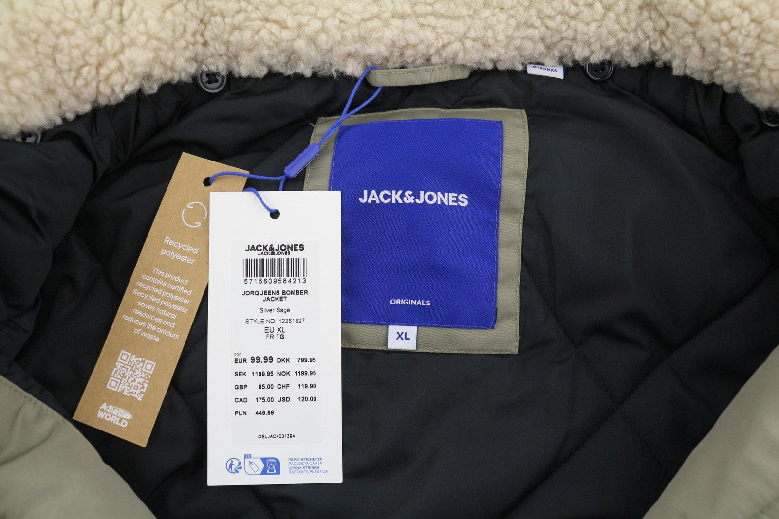 JACK & JONES Jorqueens Bomber Men Jacket XL Silver Sage Oversized Padded Zip