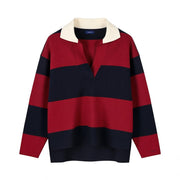 GANT Women Jumper XS Red Wool Blend Knit Striped V-Neck Oversized Pullover