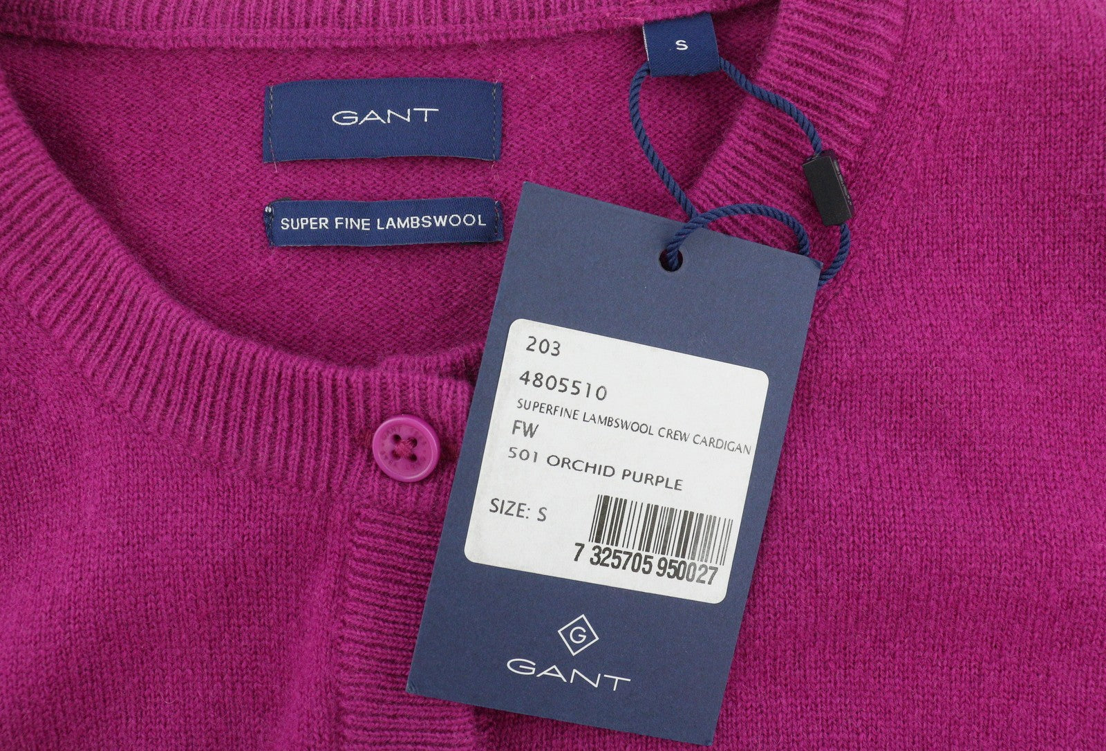 GANT Superfine Lambswool Crew Cardigan Women Jumper S Orchid Purple Tight-Knit