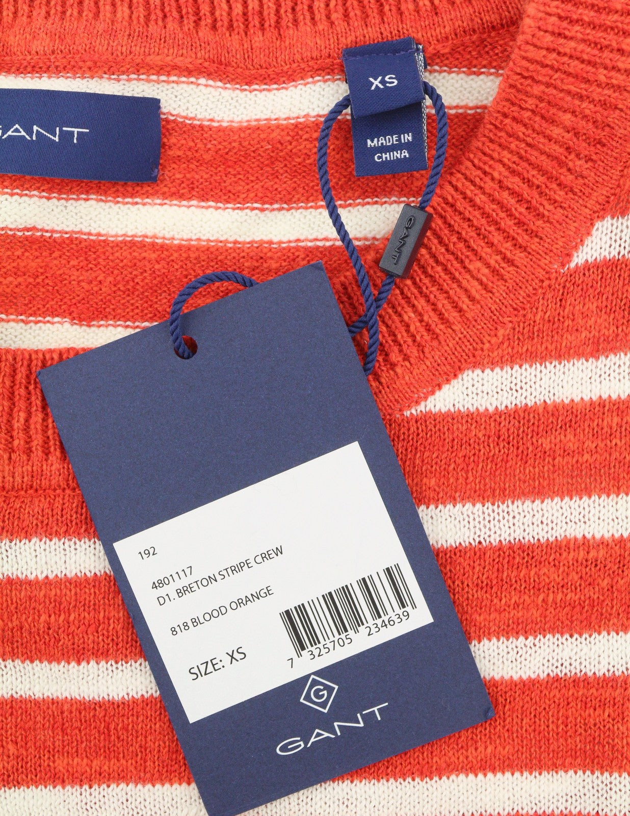 GANT Breton Stripe Crew Women Jumper XS Blood Orange Linen Blend Pullover
