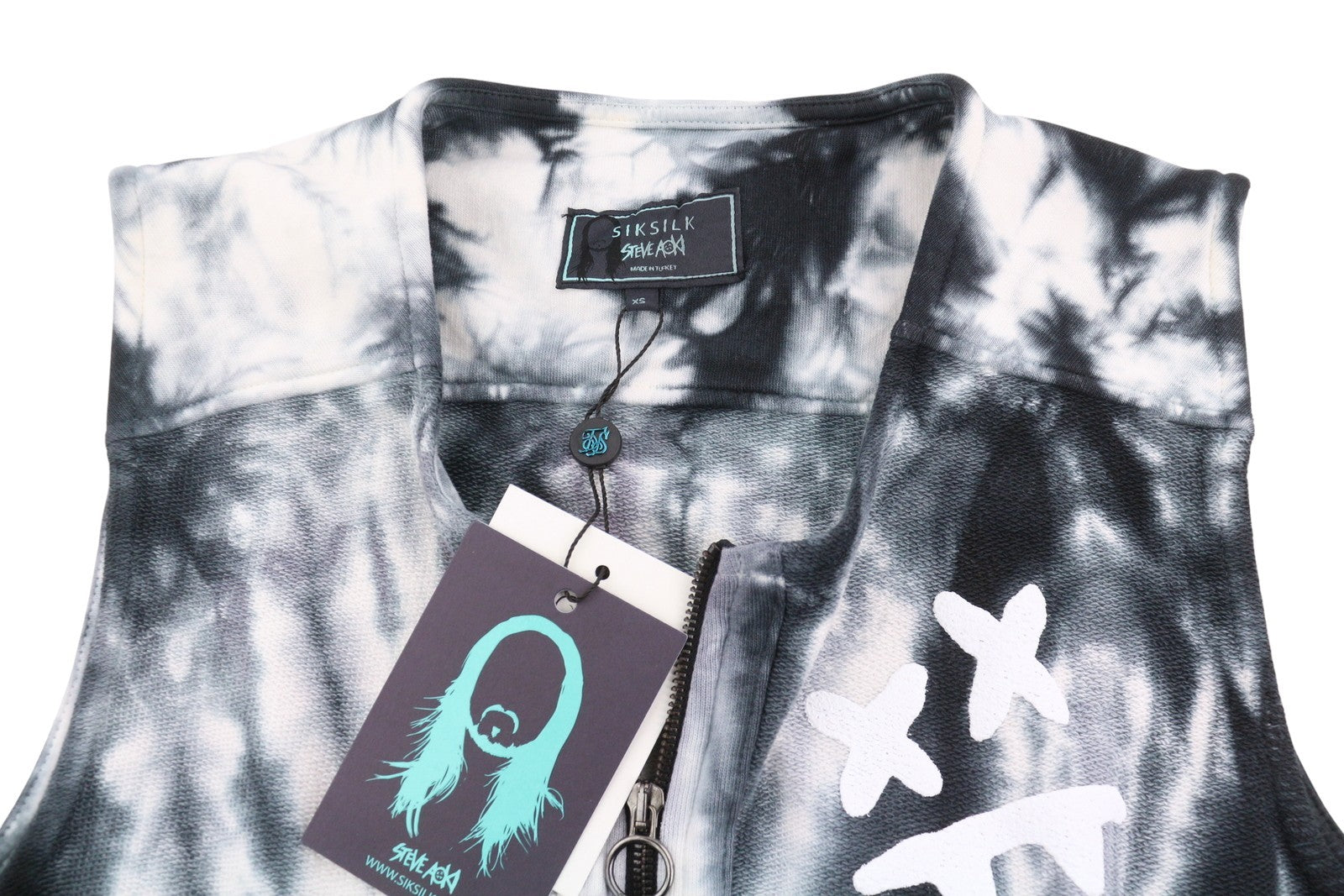 SIKSILK x Aoki Utility Men Waistcoat XS Tie Dye Black White Patch Pocket Vest