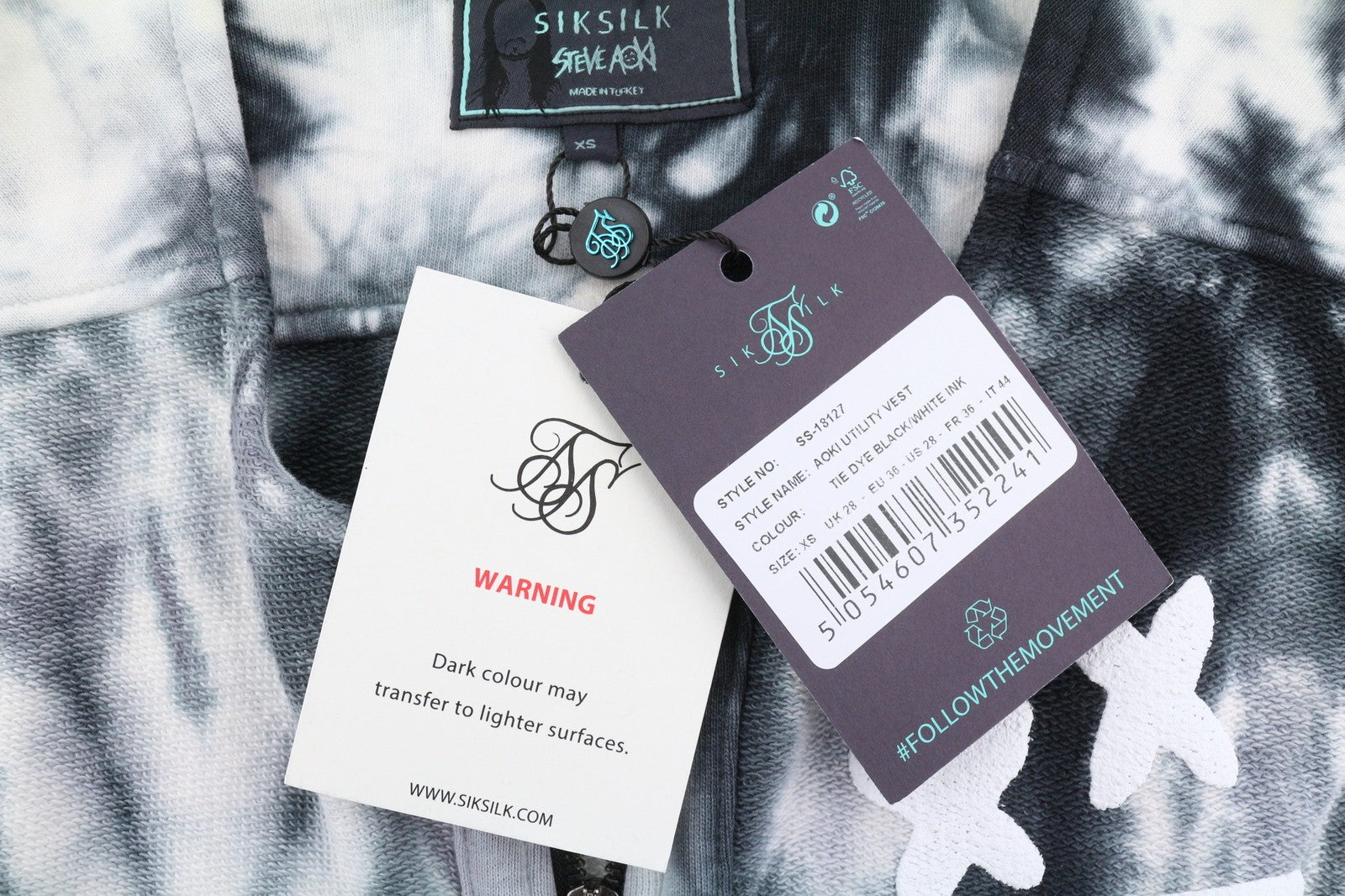 SIKSILK x Aoki Utility Men Waistcoat XS Tie Dye Black White Patch Pocket Vest