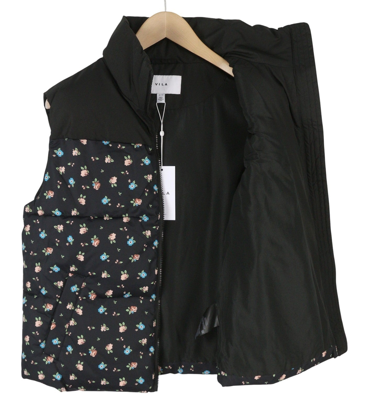 VILA Maja High Neck Women Waistcoat EU42 Black Floral Print Quilted Padded Vest