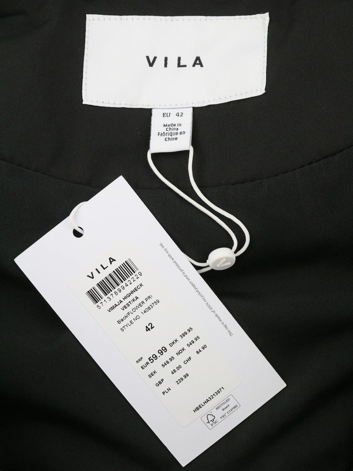 VILA Maja High Neck Women Waistcoat EU42 Black Floral Print Quilted Padded Vest