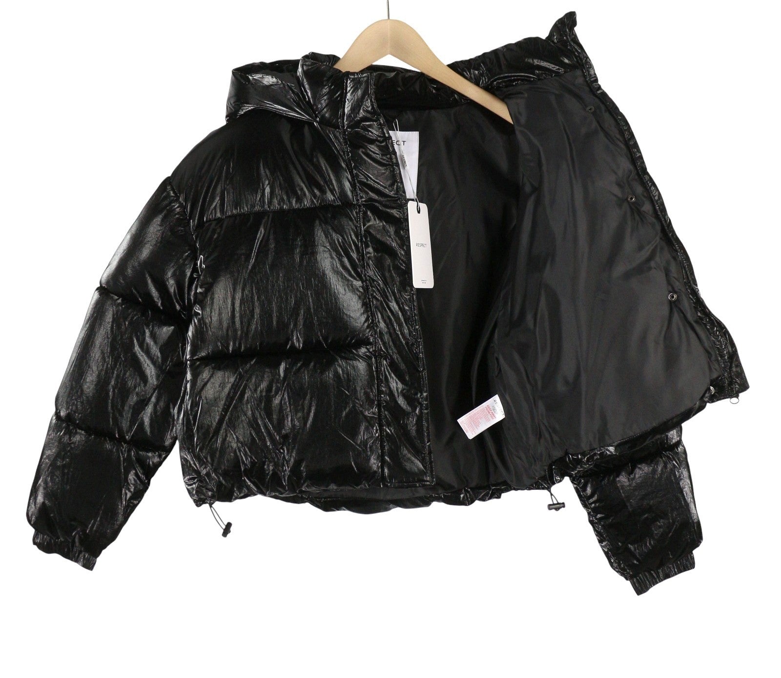 RESPECT Cropped Metallic Puffer Women Jacket XL Black Quilted Hooded RRP99