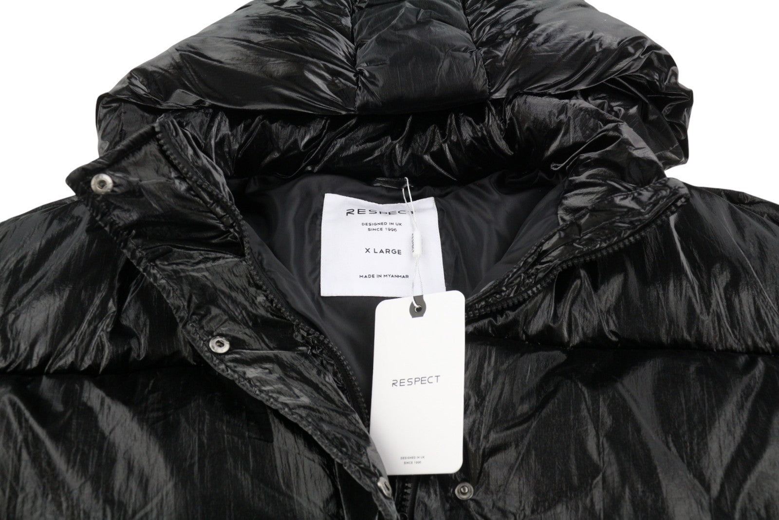 RESPECT Cropped Metallic Puffer Women Jacket XL Black Quilted Hooded RRP99