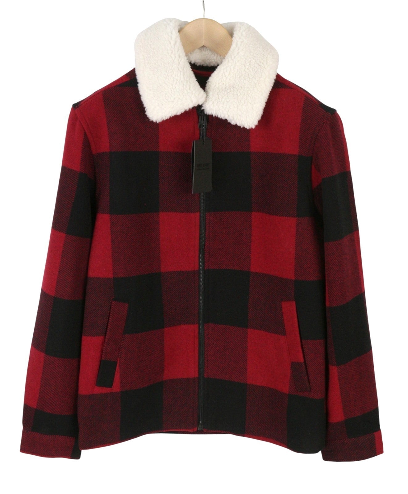 ONLY & SONS Ron Check Men Coat S Red Wool Blend Plaid Sherpa Neck Full Zip