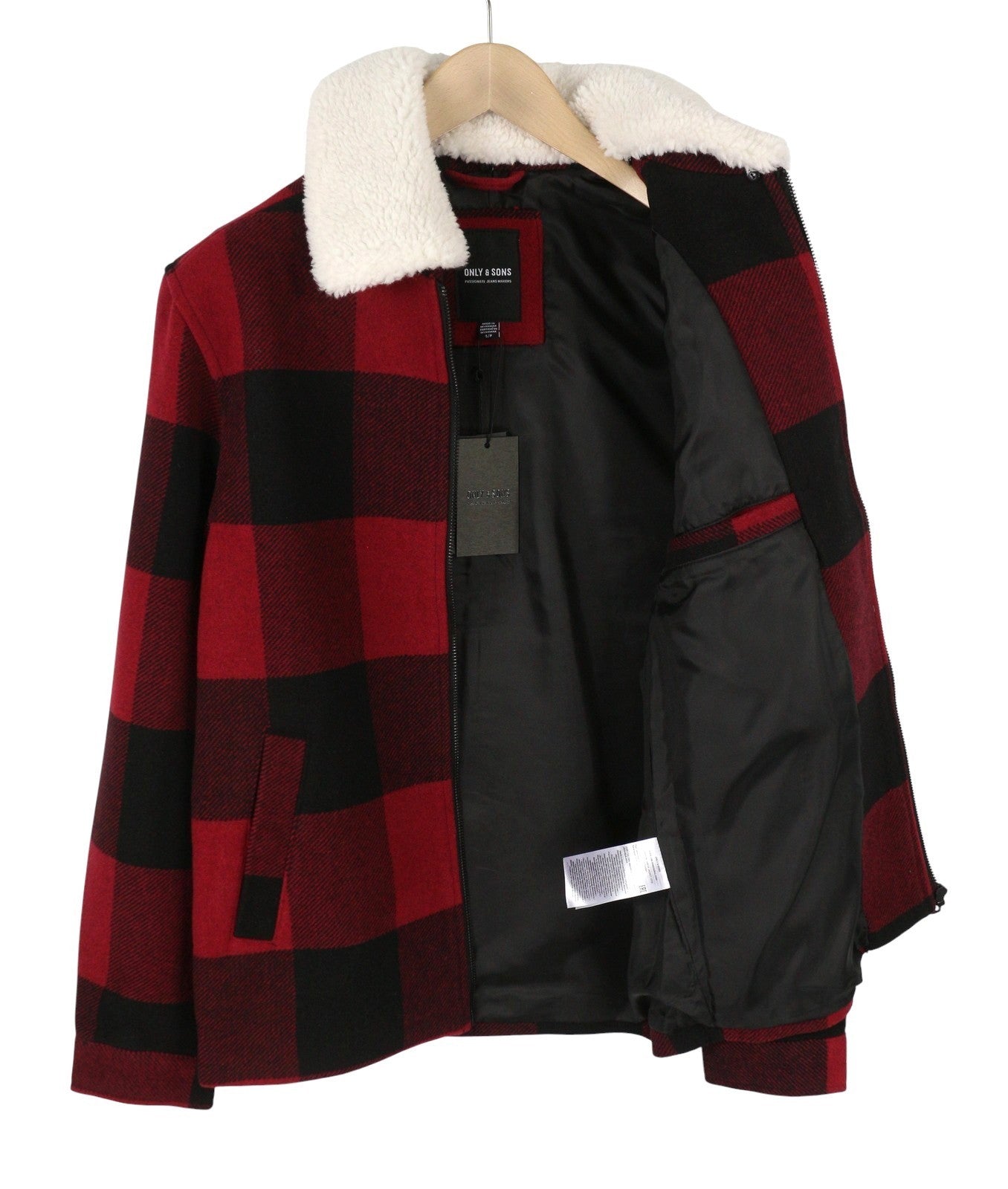 ONLY & SONS Ron Check Men Coat S Red Wool Blend Plaid Sherpa Neck Full Zip