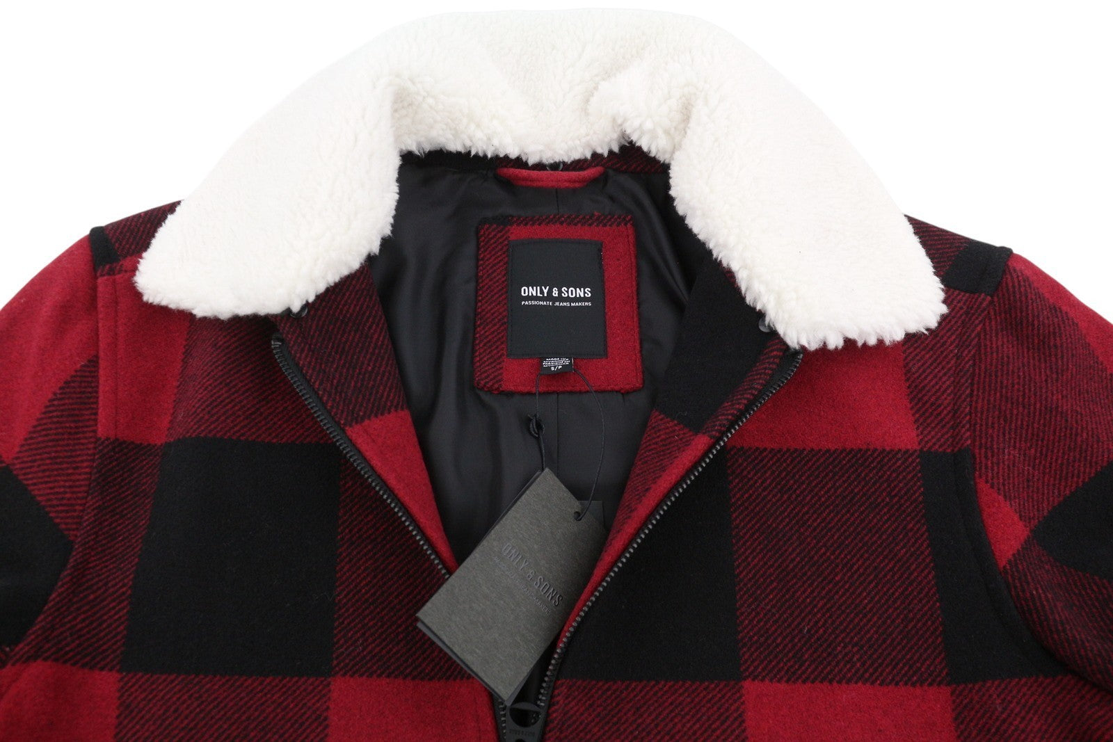 ONLY & SONS Ron Check Men Coat S Red Wool Blend Plaid Sherpa Neck Full Zip