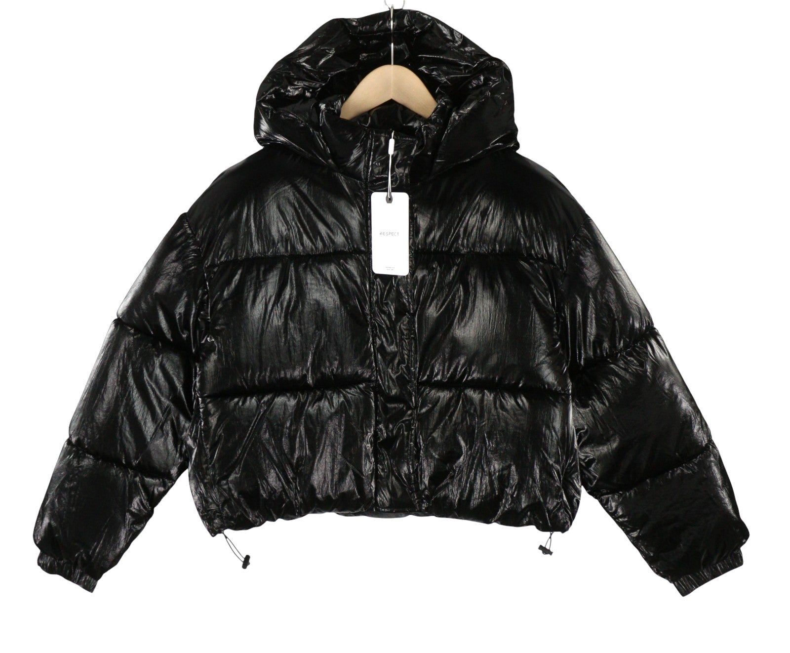 RESPECT Cropped Metallic Puffer Women Jacket L Black Quilted Padded Zip RRP99