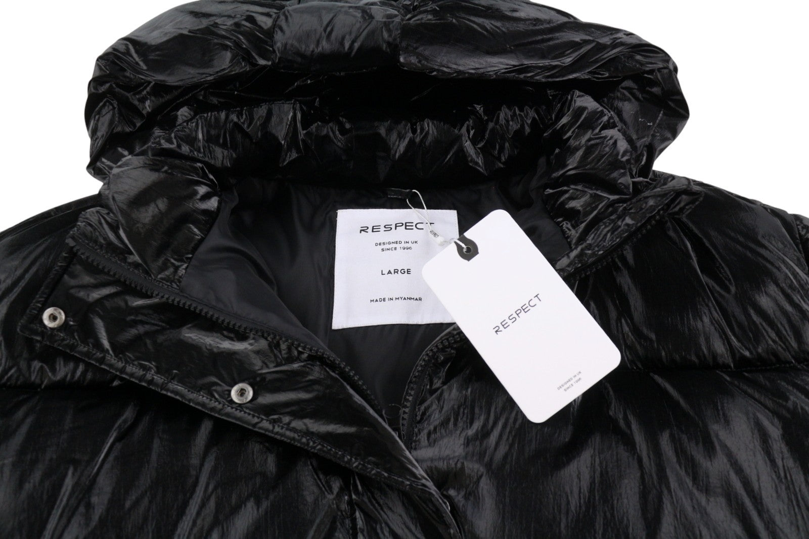 RESPECT Cropped Metallic Puffer Women Jacket L Black Quilted Padded Zip RRP99