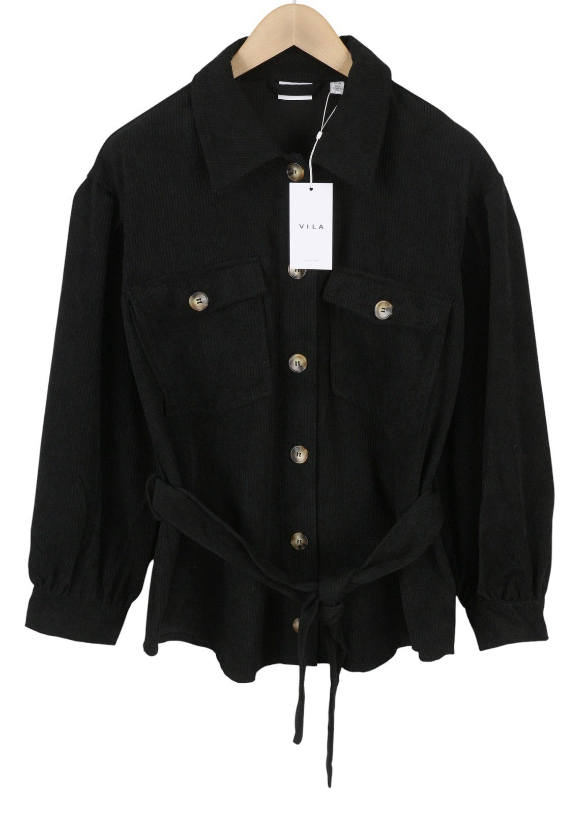 VILA Heart Tie Belt Women Jacket EU44 Black Corduroy Button-Up Spread Overshirt