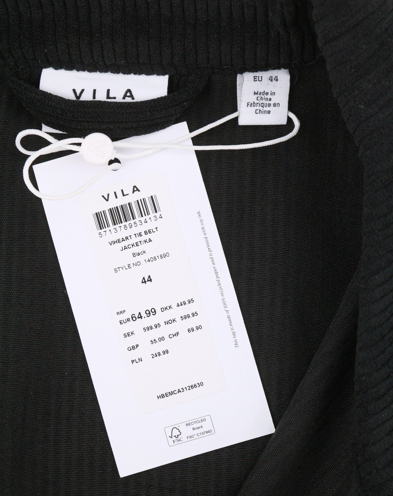 VILA Heart Tie Belt Women Jacket EU44 Black Corduroy Button-Up Spread Overshirt