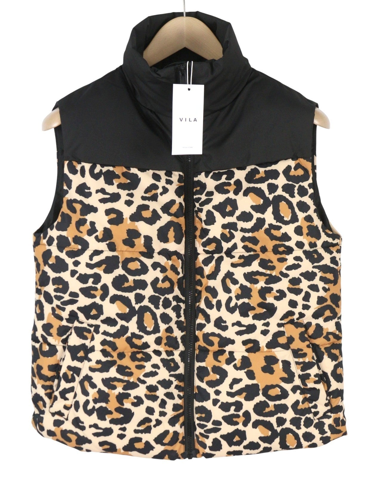 VILA Maja High Neck Women Waistcoat EU44 Black Leopard Print Quilted Padded