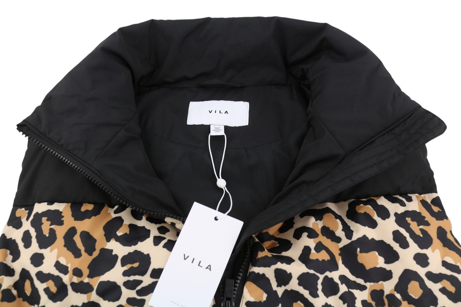 VILA Maja High Neck Women Waistcoat EU44 Black Leopard Print Quilted Padded