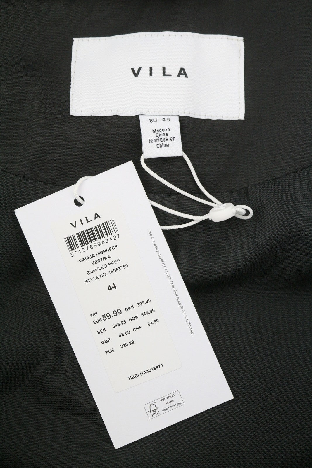 VILA Maja High Neck Women Waistcoat EU44 Black Leopard Print Quilted Padded