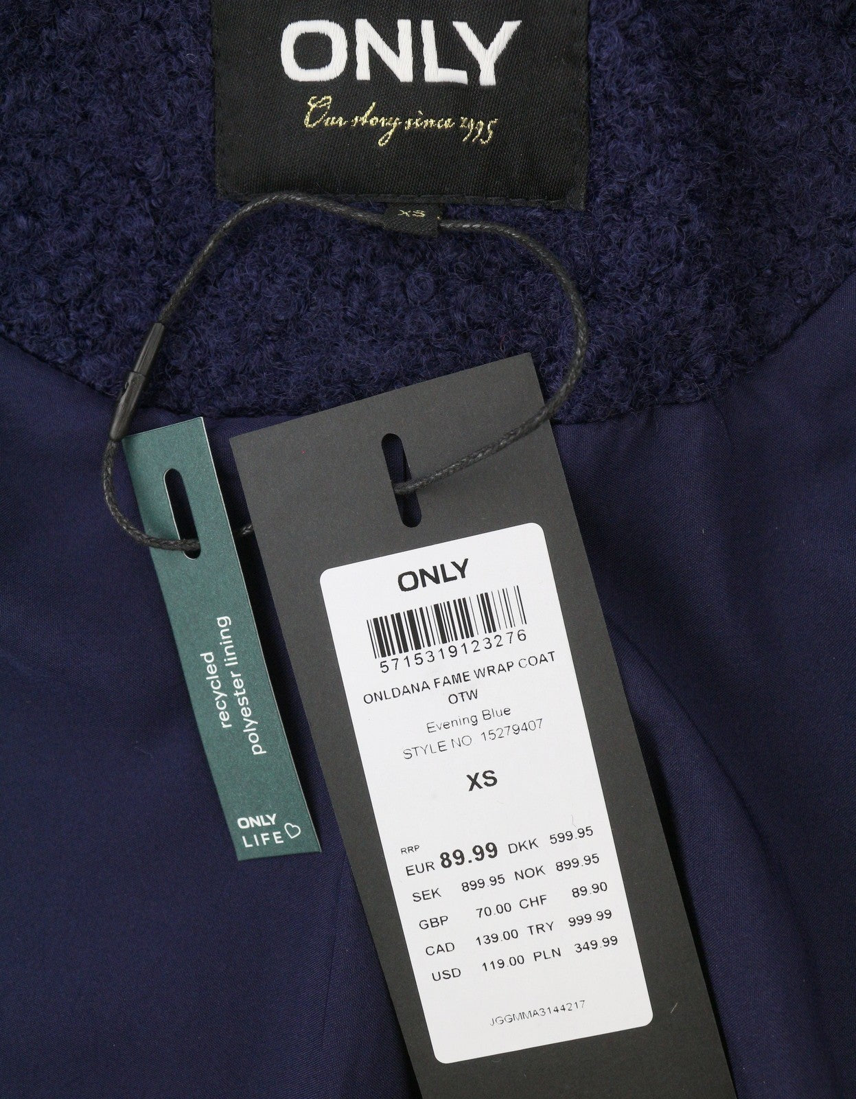 ONLY Dana Fame Wrap Women Coat XS Evening Blue Notch Lapel Belted Snap Buttons