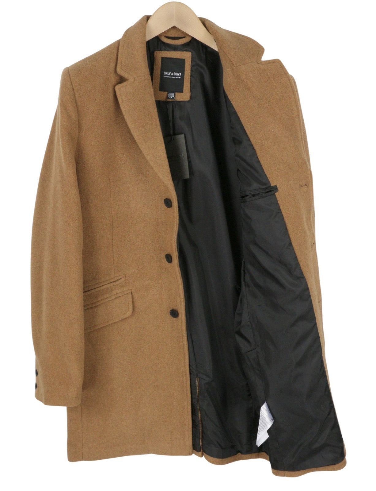 ONLY & SONS Justin Wool Men Coat S Brown Melange Button-Up Notch Mid-Length