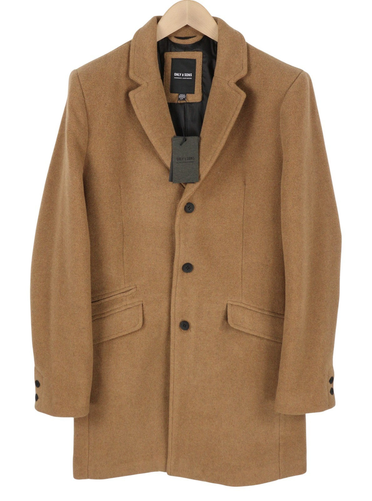 ONLY & SONS Justin Wool Men Coat S Brown Melange Button-Up Notch Mid-Length