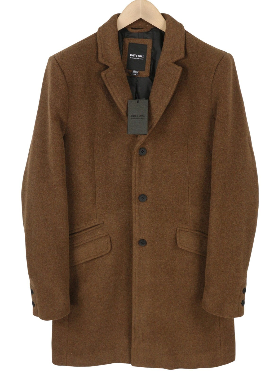 ONLY & SONS Justin Wool Men Coat M Brown Melange Button-Up Notch Mid-Length