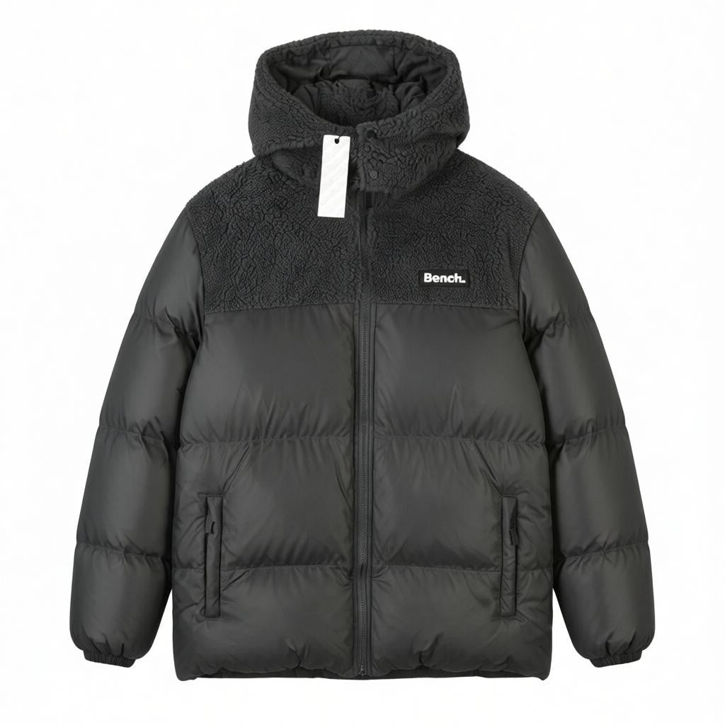 BENCH Detta Men Jacket XL Grey Padded Quilted Removable Hood Full Zip Sherpa