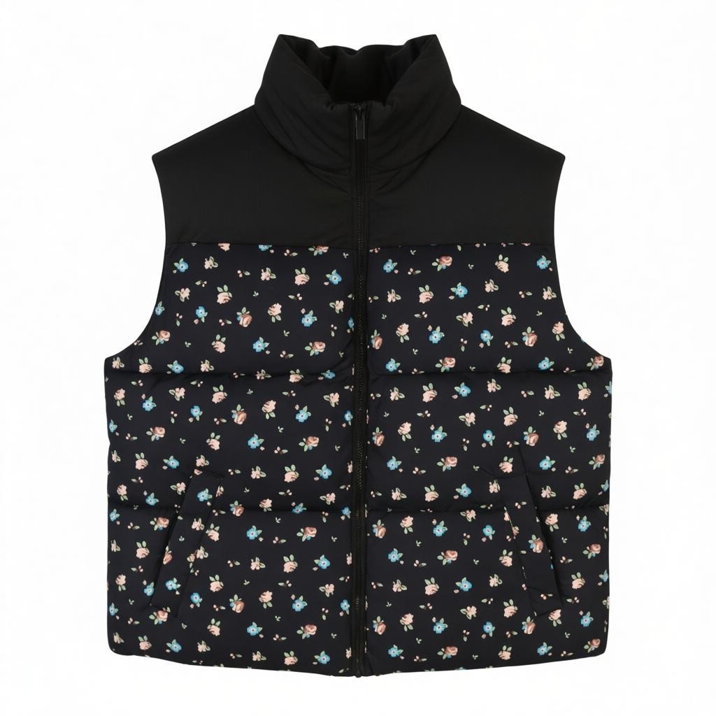 VILA Maja High Neck Women Waistcoat EU40 Black Floral Print Quilted Padded Vest