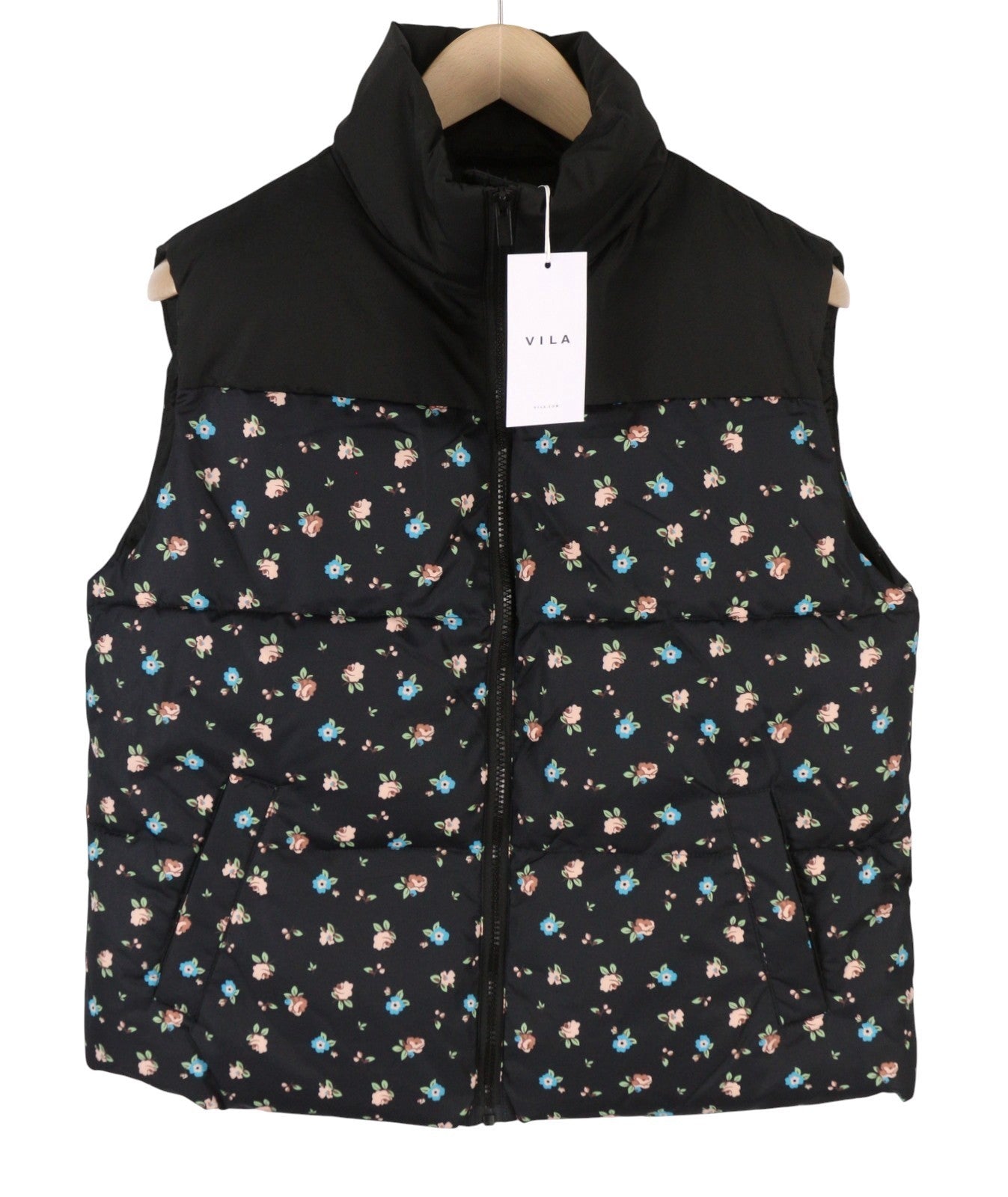 VILA Maja High Neck Women Waistcoat EU40 Black Floral Print Quilted Padded Vest