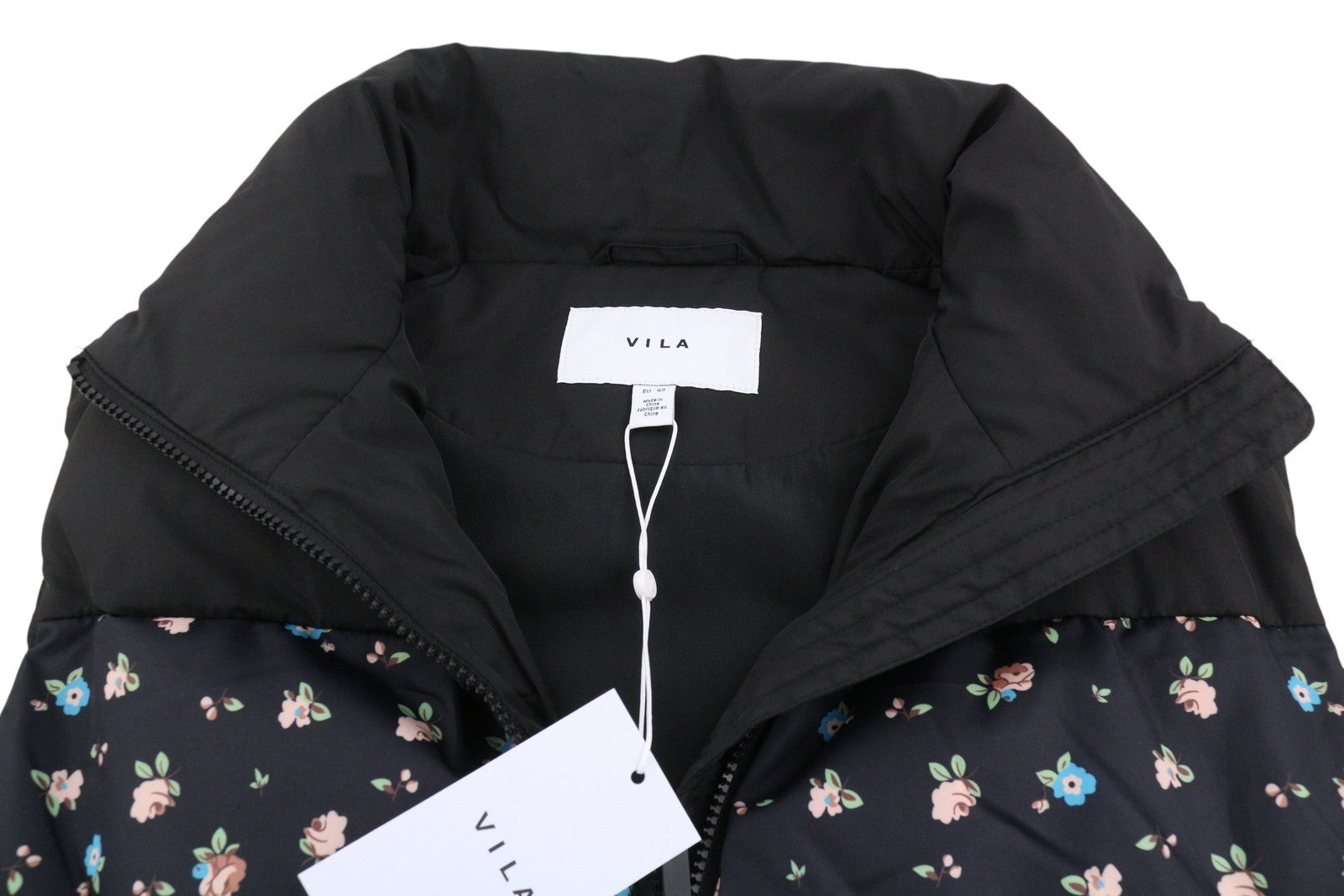 VILA Maja High Neck Women Waistcoat EU40 Black Floral Print Quilted Padded Vest