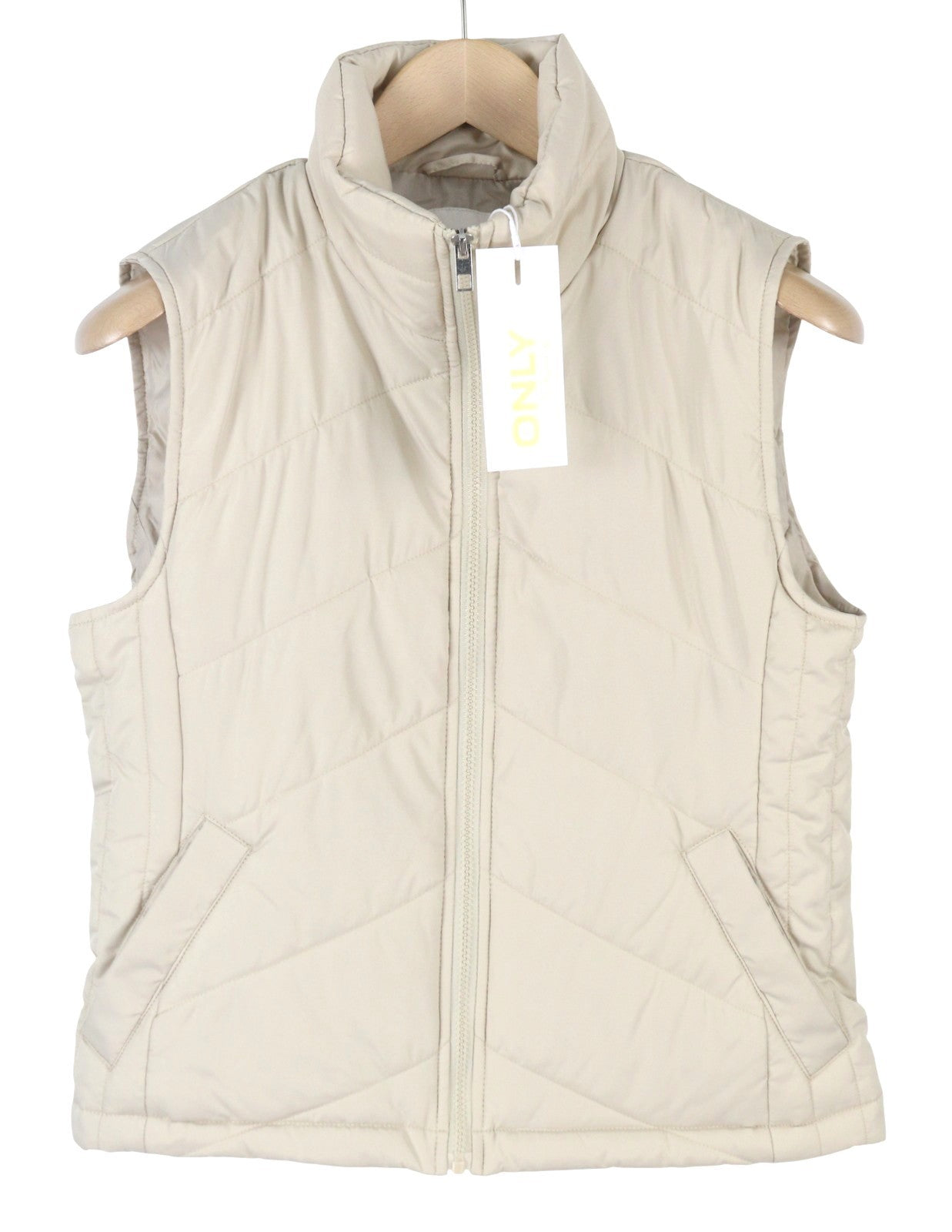 ONLY Nicole Quilt Women Waistcoat S Beige Padded High Neck Full Zip Vest