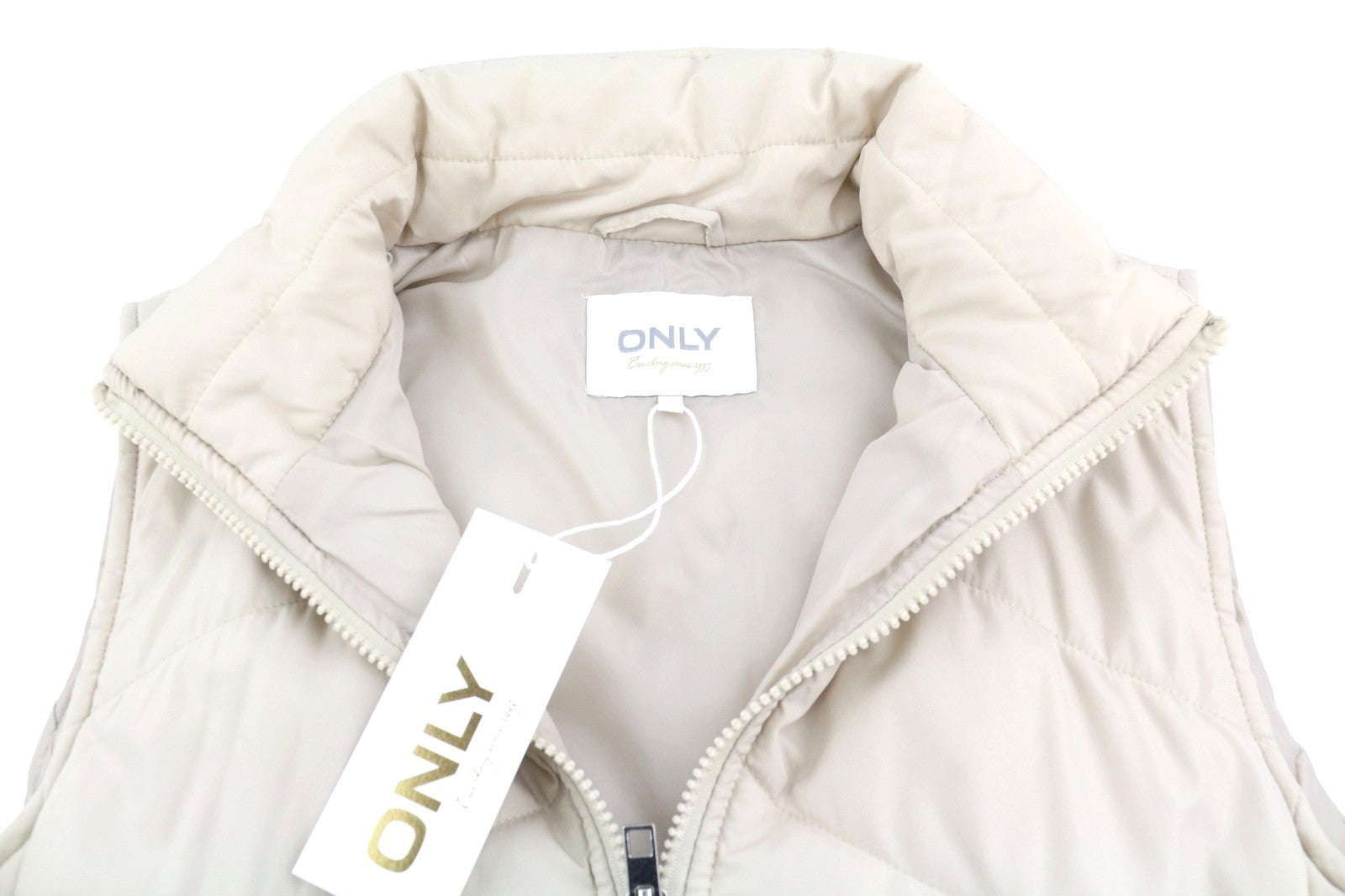 ONLY Nicole Quilt Women Waistcoat S Beige Padded High Neck Full Zip Vest