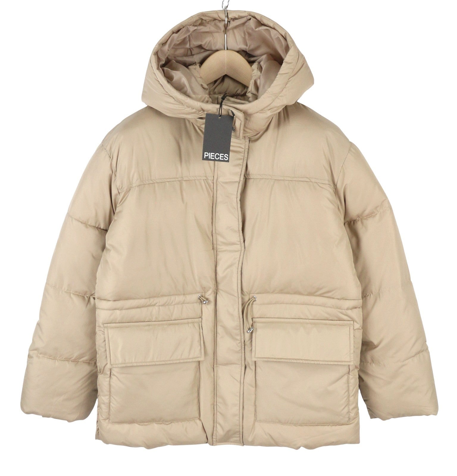 PIECES Louie Short Puffer Women Jacket XS Silver Mink Padded Quilted Hooded Zip