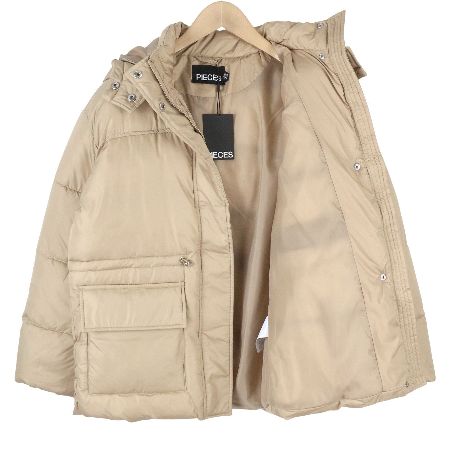 PIECES Louie Short Puffer Women Jacket XS Silver Mink Padded Quilted Hooded Zip