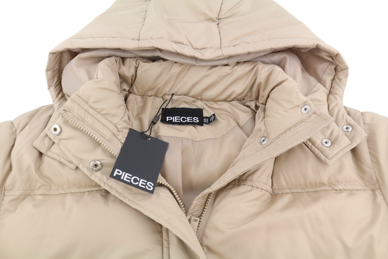 PIECES Louie Short Puffer Women Jacket XS Silver Mink Padded Quilted Hooded Zip